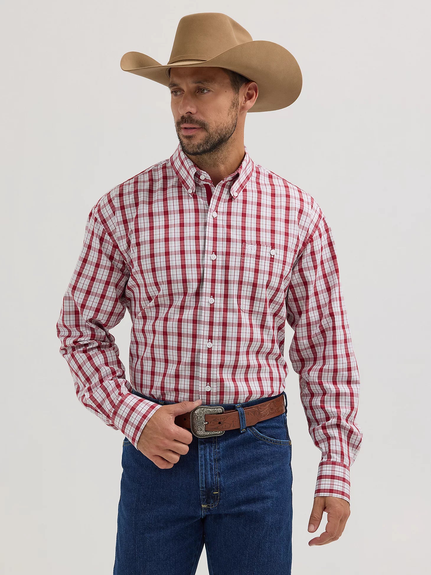 Wrangler George Strait Cerise Plaid Long Sleeve One Pocket Shirt