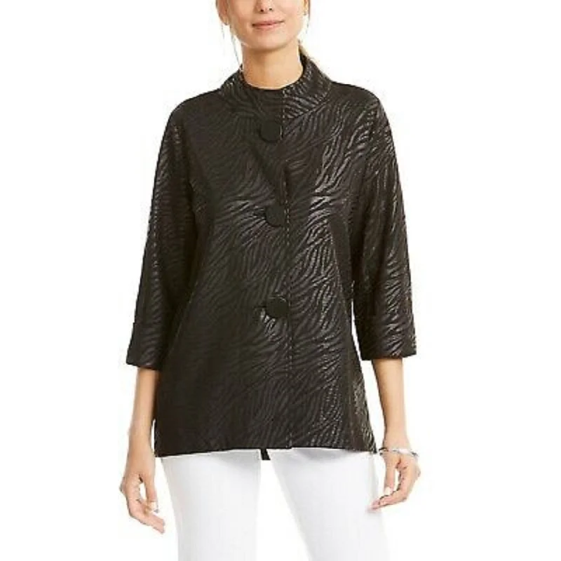 JM Collection Women's Printed 3/4-Sleeve Jacket Black Size Petite Medium - Petite-Medium