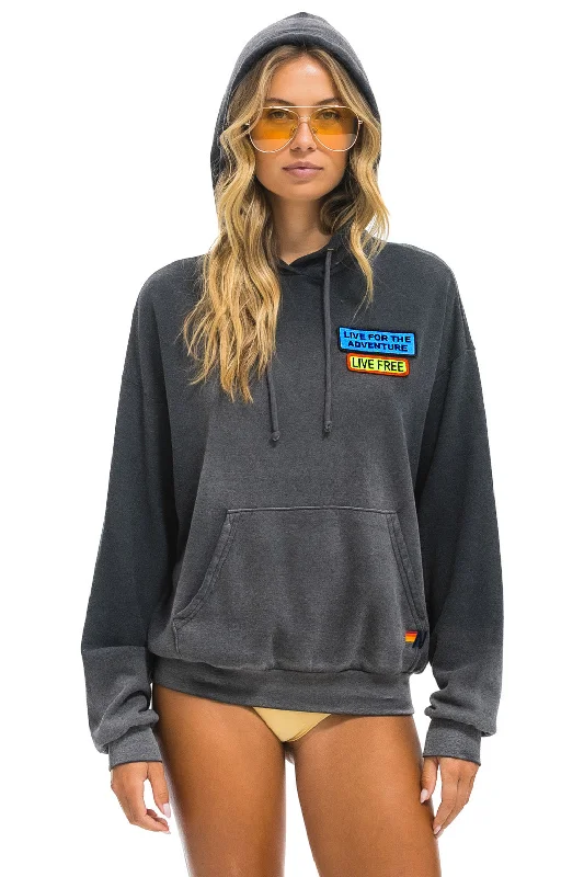 LIVE FREE + ADVENTURE PATCH PULLOVER RELAXED HOODIE - FADED SMOKE