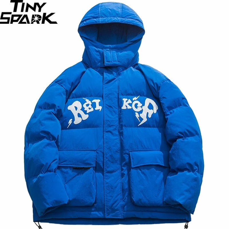 Men Blue Hooded Parka Jacket with Letter Graphic