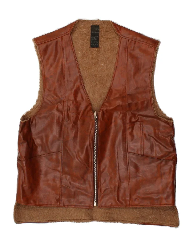 VINTAGE Mens Faux Leather Gilet UK 38 Medium Brown PVC