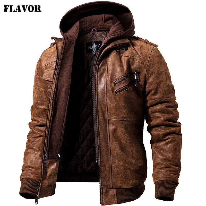 Men's Genuine Leather Jacket with Removable Hood