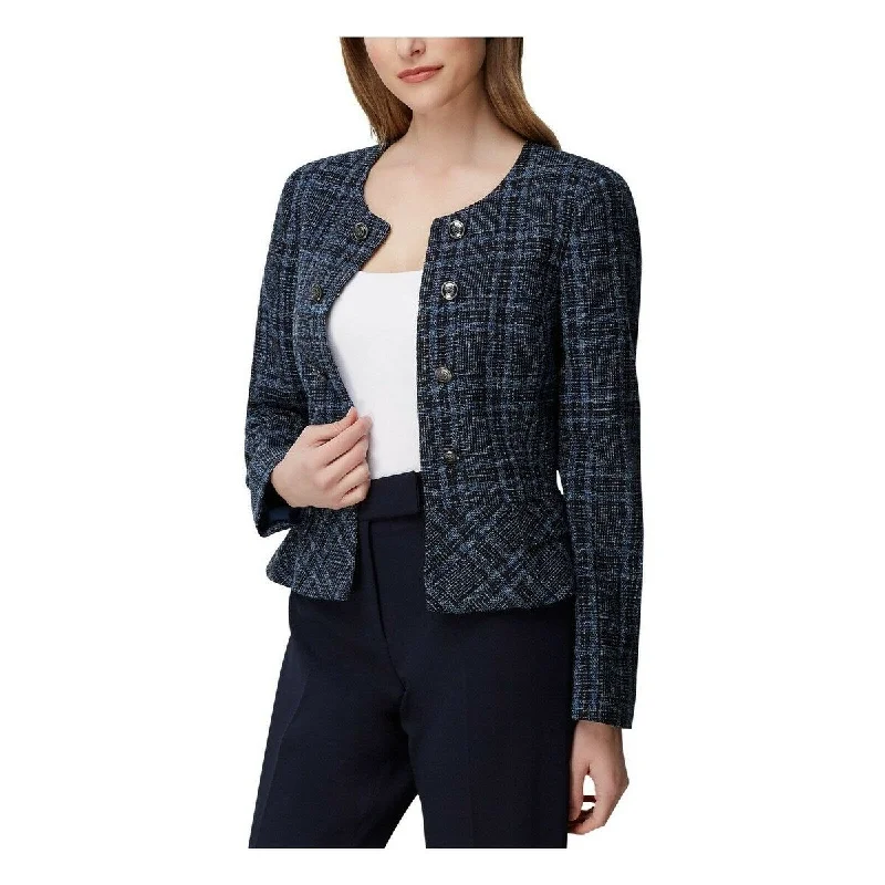 Tahari Asl Women's Plaid Tweed Peplum Jacket Blue Size 2