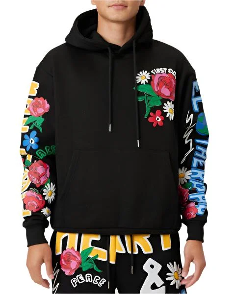 Mens Black Flower Puff Print Hoodie