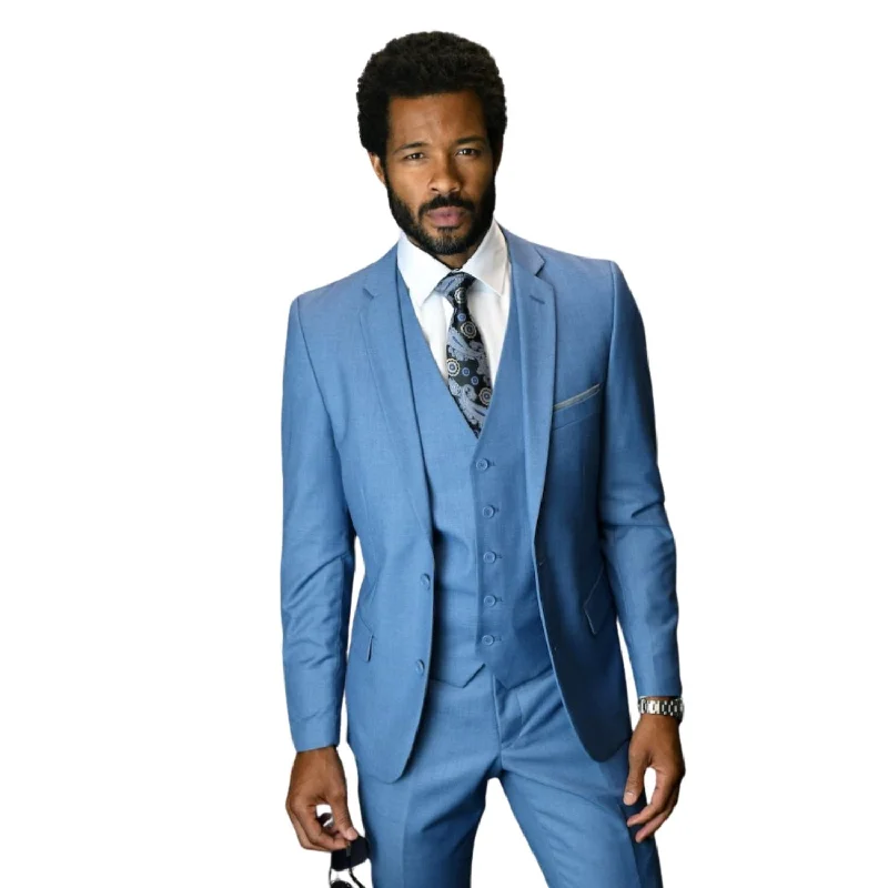 Sculptor Collection: 3-Piece Slim Fit Solid Suit For Men In Steel Blue