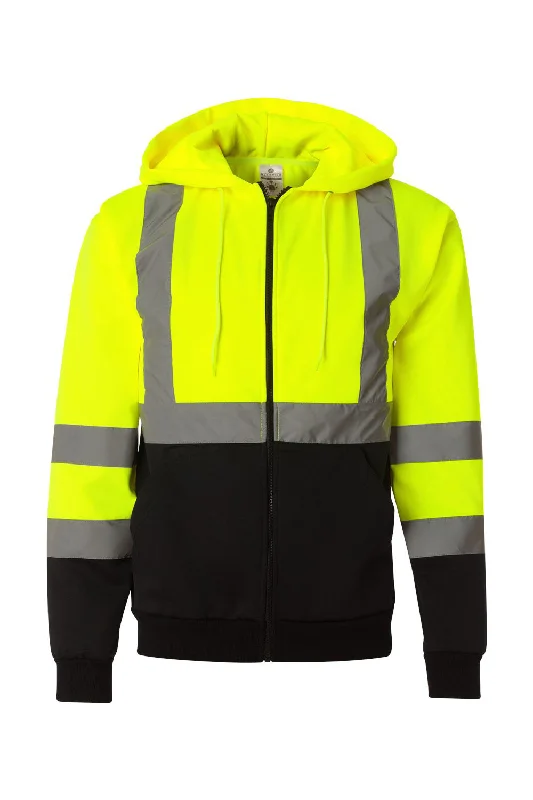 Kishigo Mens Hi-Vis Full Zip Hooded Sweatshirt Hoodie w/ Pockets - Lime Green