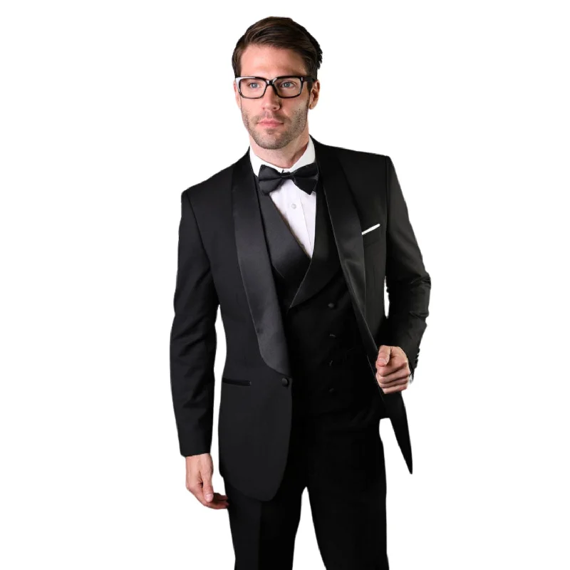 Volans Collection: Black Tailored Fit Shawl Lapel 3-PC Tuxedo