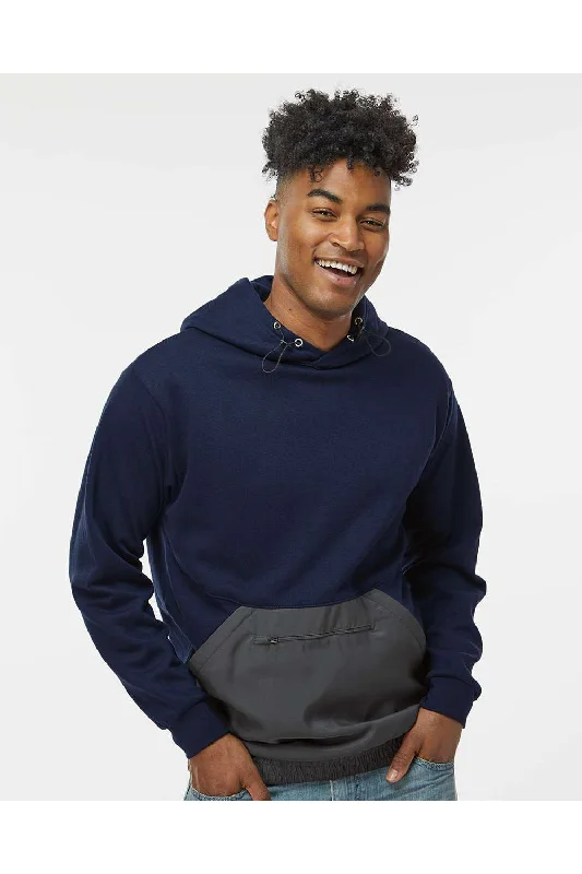 MV Sport Mens Mixed Media Hooded Sweatshirt Hoodie w/ Pocket - Navy Blue/Charcoal Grey