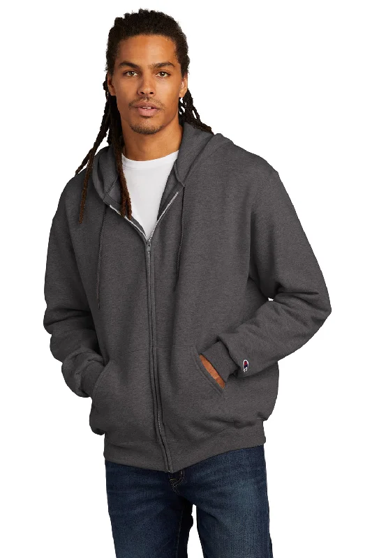 Champion Mens Double Dry Eco Moisture Wicking Fleece Full Zip Hooded Sweatshirt Hoodie w/ Pockets - Heather Charcoal Grey