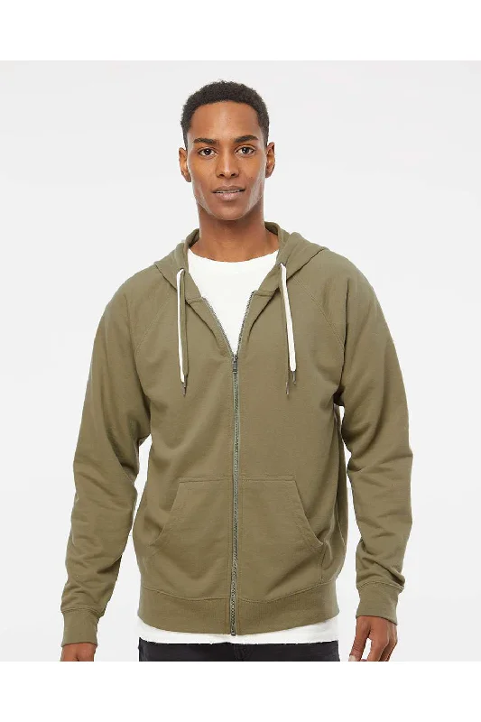 Independent Trading Co. Mens Icon Loopback Terry Full Zip Hooded Sweatshirt Hoodie w/ Pockets - Olive Green