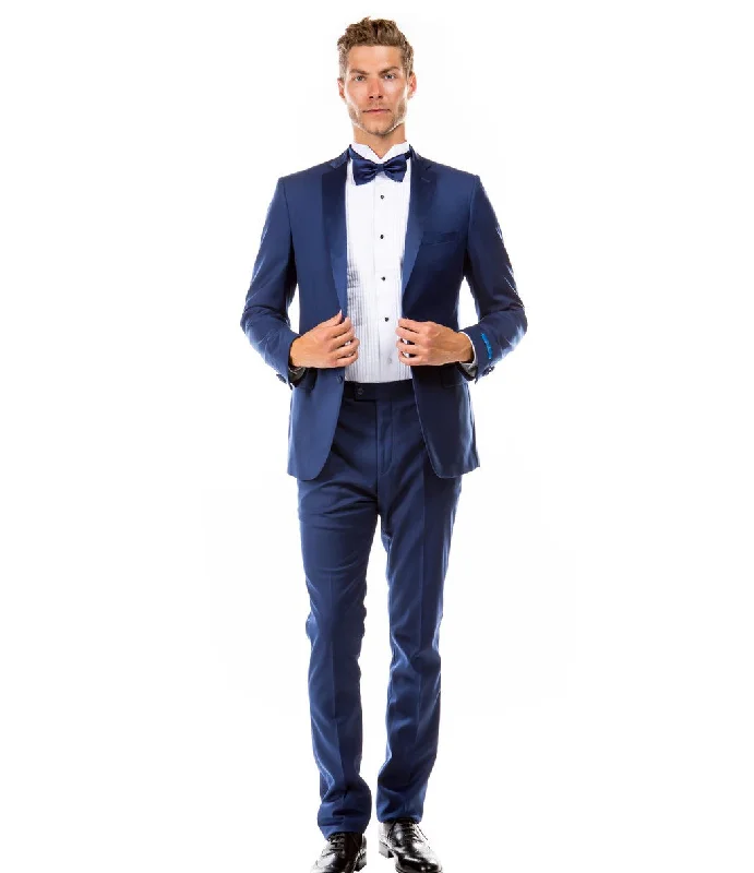 Obsidian Collection: Indigo Two-Piece Tuxedo with Satin Side Stripe Pants – Hybrid Fit