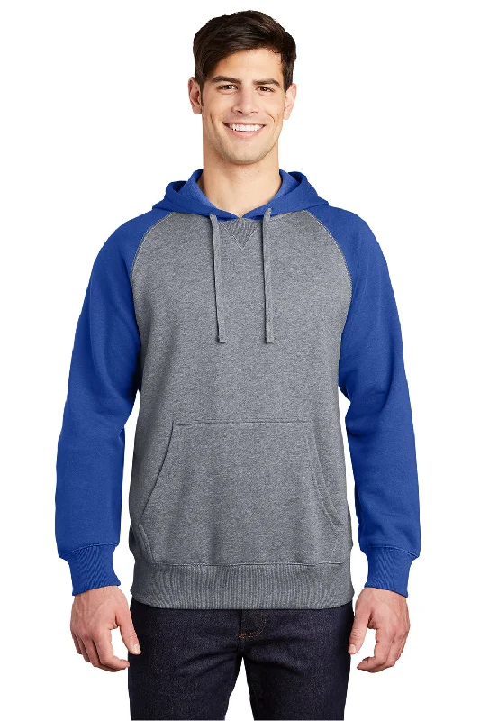 Sport-Tek Mens Shrink Resistant Fleece Hooded Sweatshirt Hoodie w/ Pouch Pocket - Heather Vintage Grey/True Royal Blue