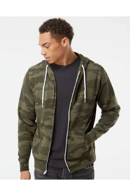 Independent Trading Co. Mens Full Zip Hooded Sweatshirt Hoodie w/ Pockets - Forest Green Camo