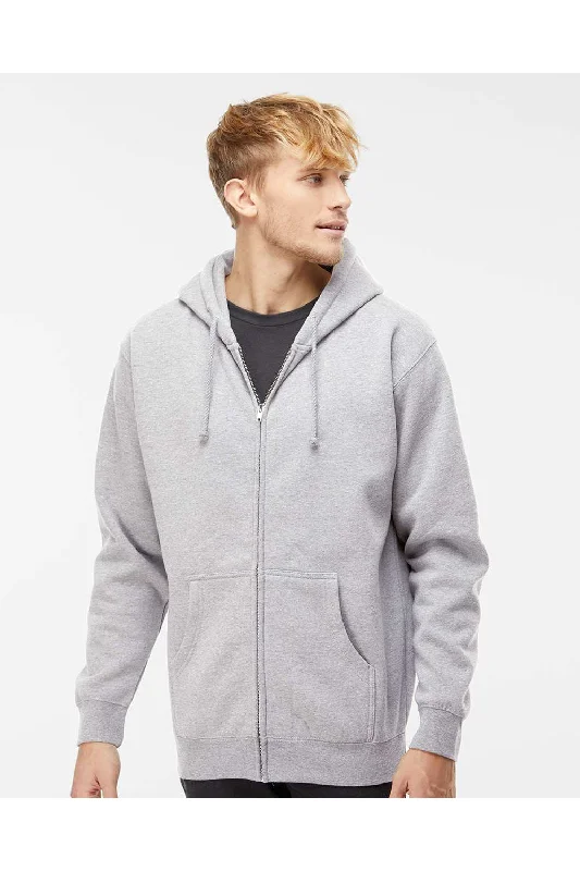 Independent Trading Co. Mens Full Zip Hooded Sweatshirt Hoodie w/ Pockets - Heather Grey