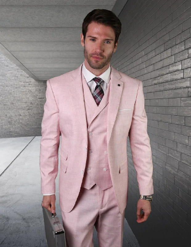 Mens 2 button Slim Fit Suit with Double Breasted Vest in Pink Pink Prom Tuxedos