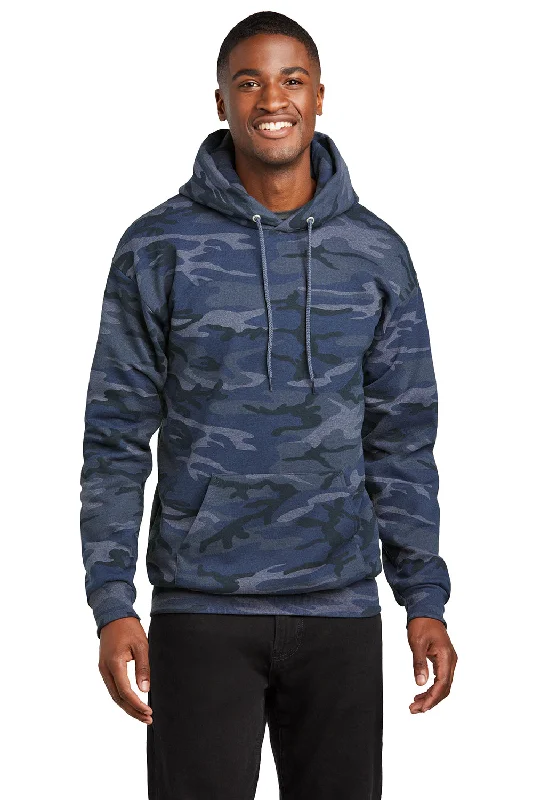 Port & Company Mens Core Pill Resistant Fleece Hooded Sweatshirt Hoodie w/ Pouch Pocket - Heather Navy Blue Camo