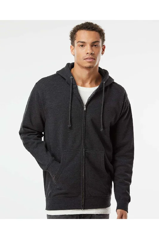 Independent Trading Co. Mens Full Zip Hooded Sweatshirt Hoodie w/ Pockets - Heather Charcoal Grey