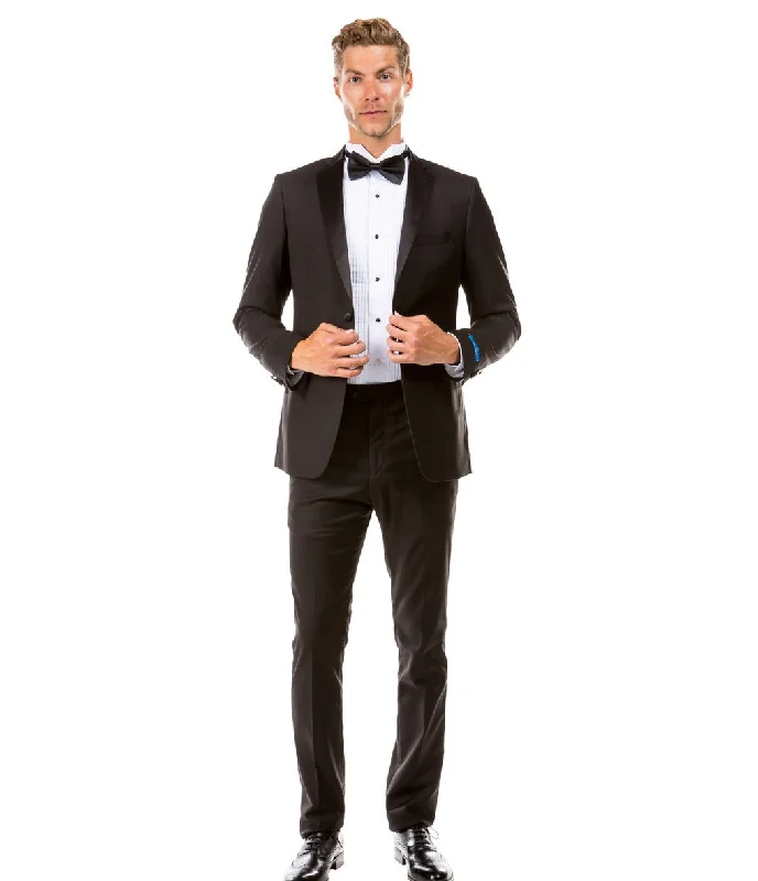 Obsidian Collection: Black Two-Piece Tuxedo with Satin Side Stripe Pants – Hybrid Fit