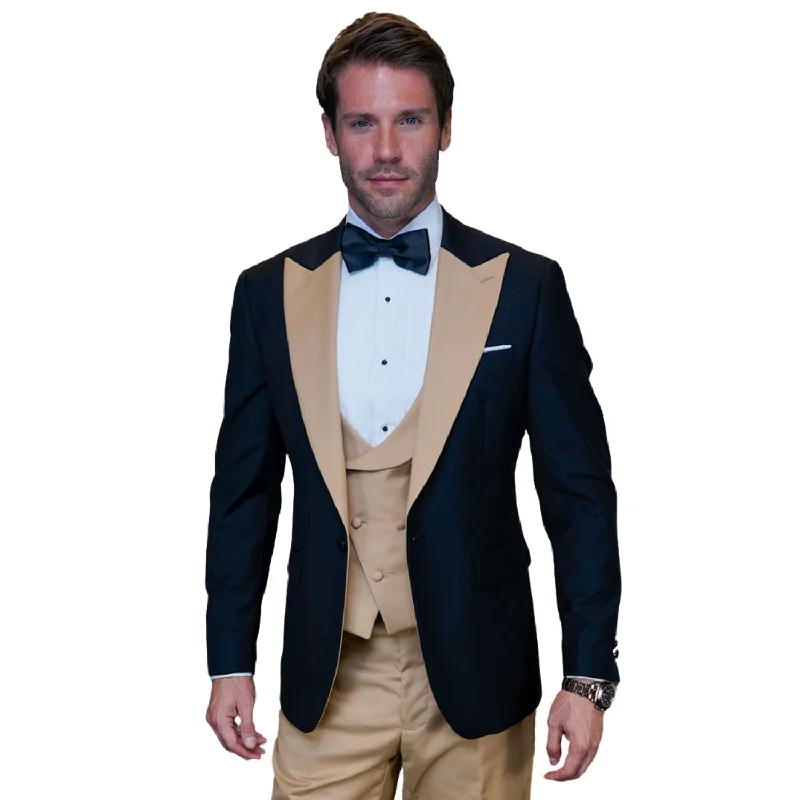 ChicChato Collection: Black Tuxedo with Champagne Peak Lapel and Accents - Modern Fit