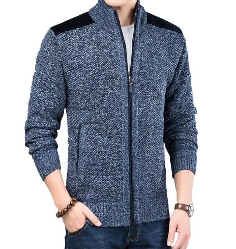 Mens Zipped Up Cardigan with Elbow Patch in Blue