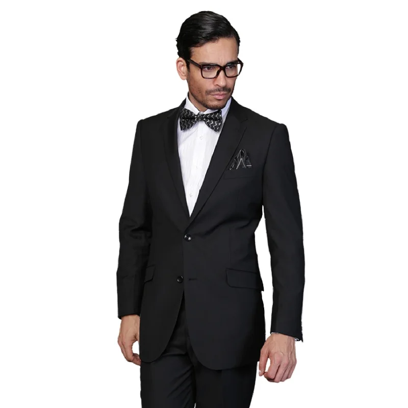 Charon Collection: Men's 2-Piece Solid Color Wool Suit In Black