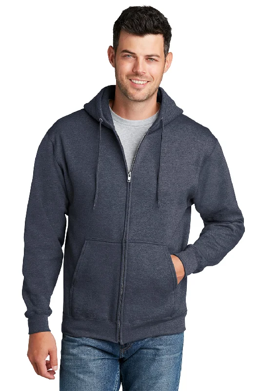 Port & Company Mens Core Pill Resistant Fleece Full Zip Hooded Sweatshirt Hoodie w/ Pockets - Heather Navy Blue