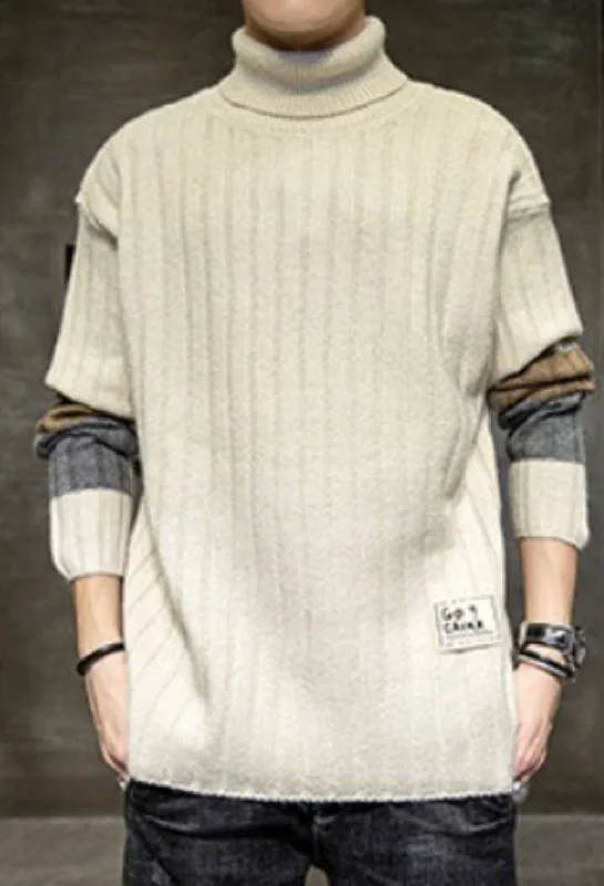 Mens Causal Turtle Neck Sweater with Stripe Sleeves Design