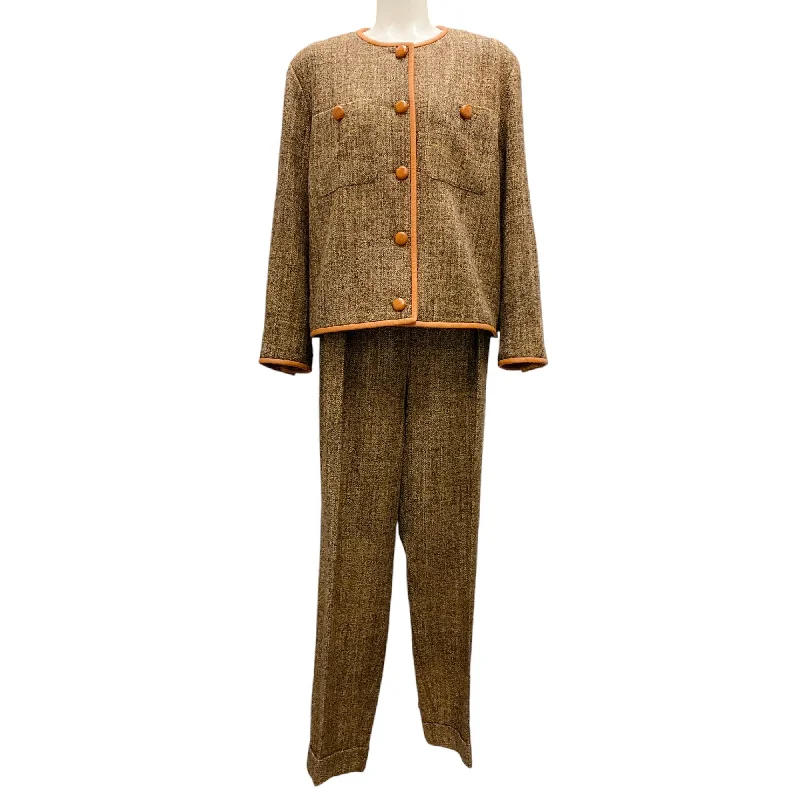 Lafayette 148 New York Brown Leather Trimmed Tweed Suit Set