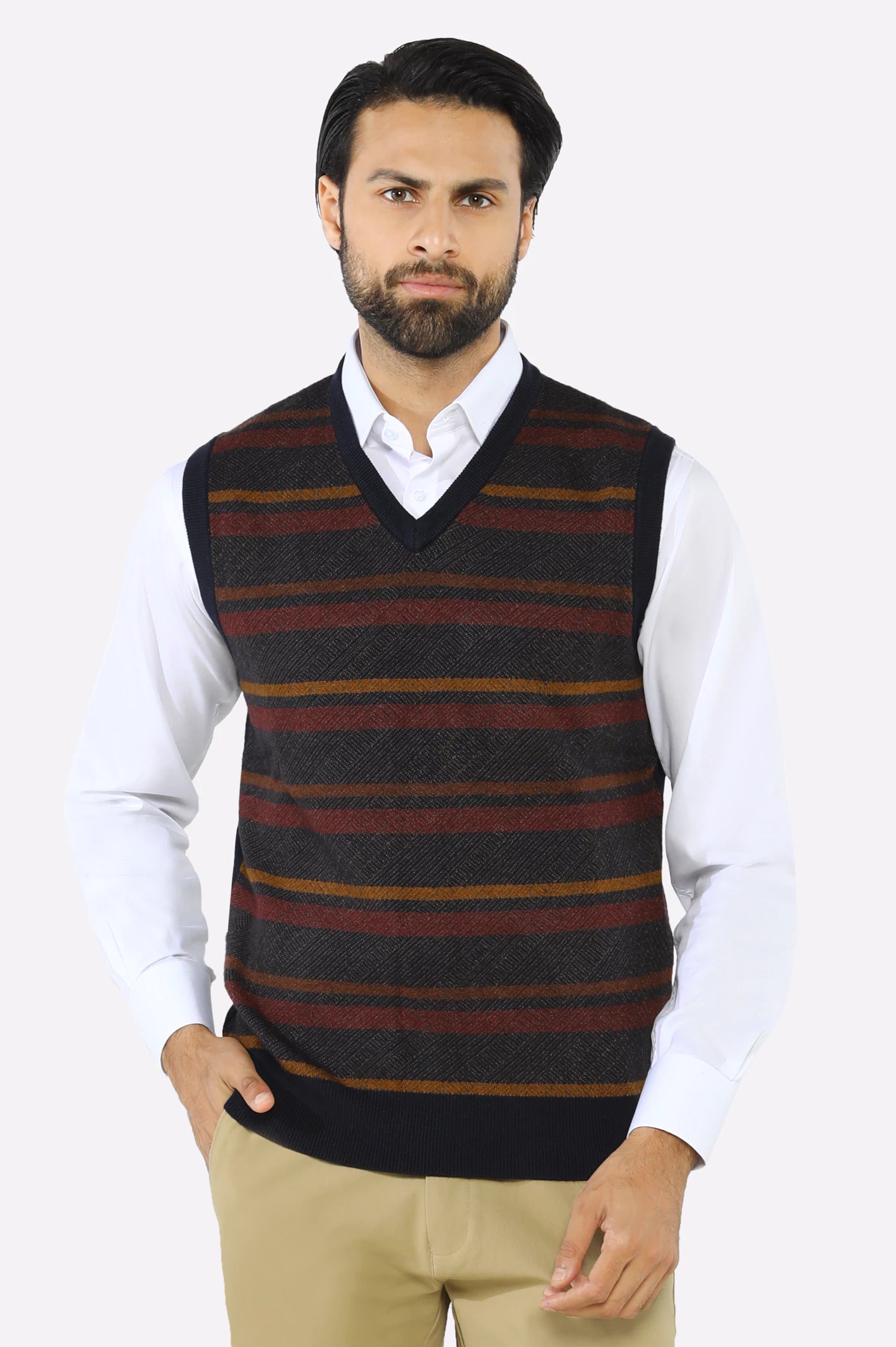 Men V-neck Multi Brown Sleeveless Sweater