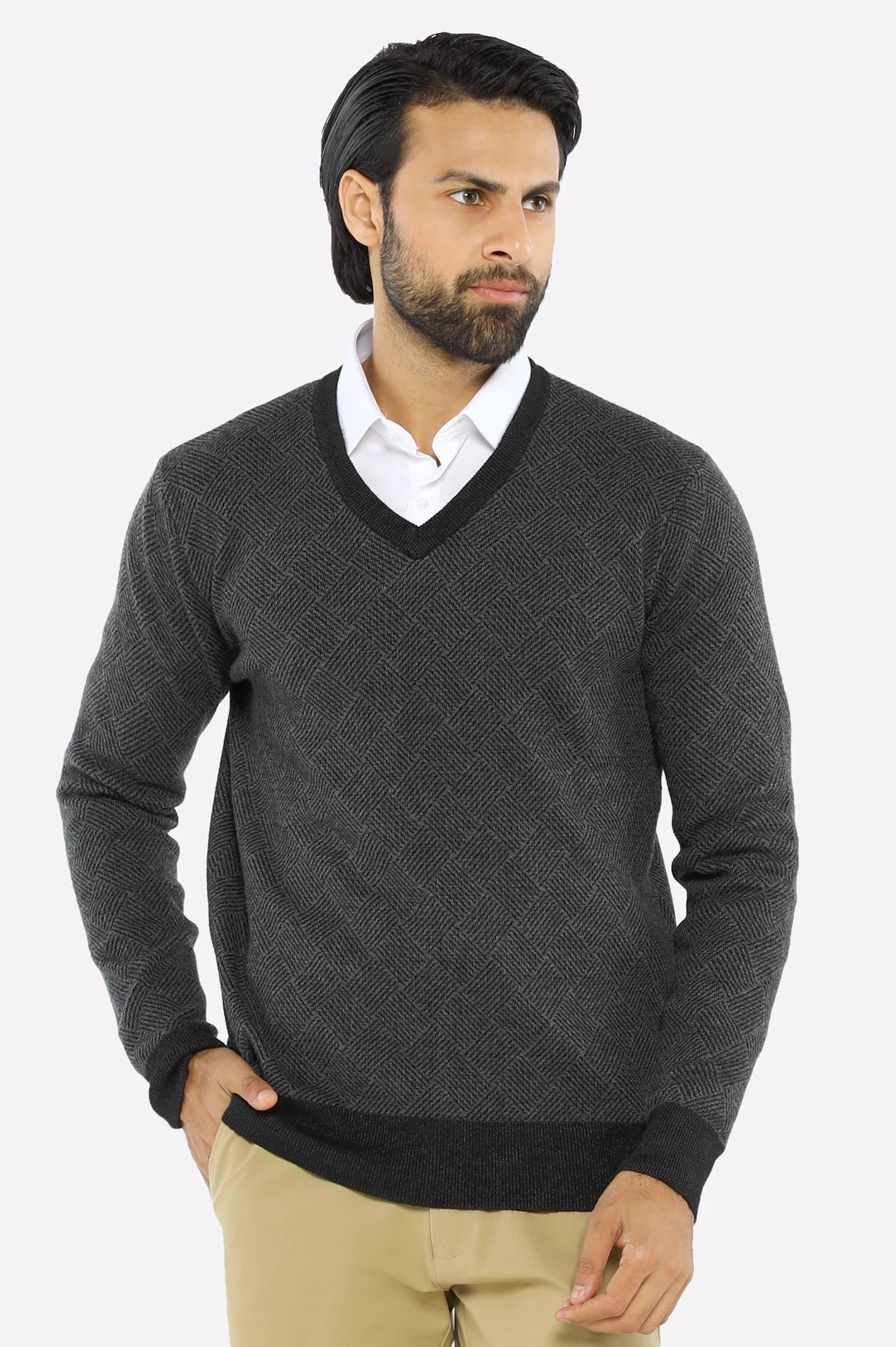 Men V-neck Grey Sleeves Sweater