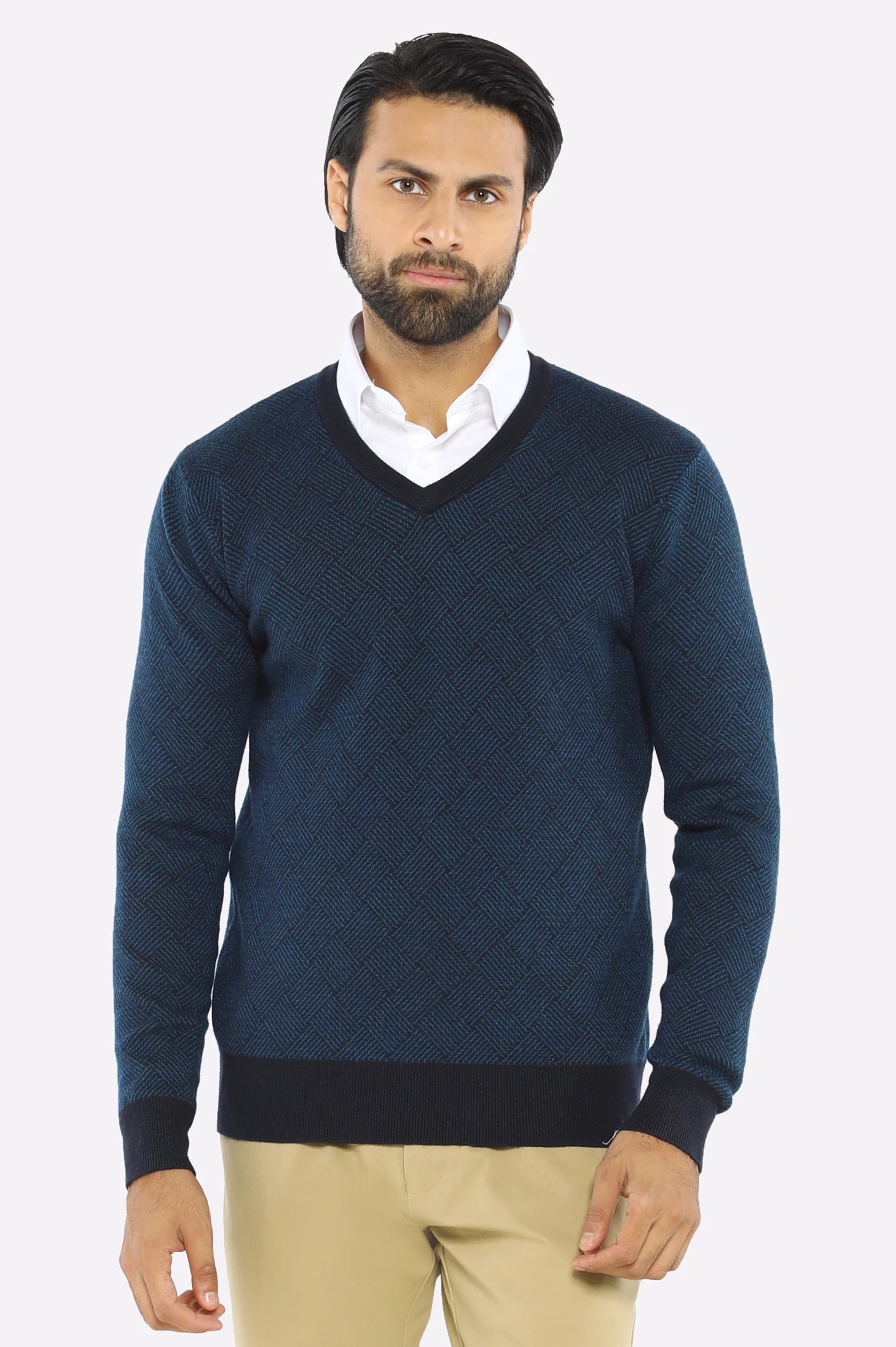 Men V-neck Navy Sleeves Sweater