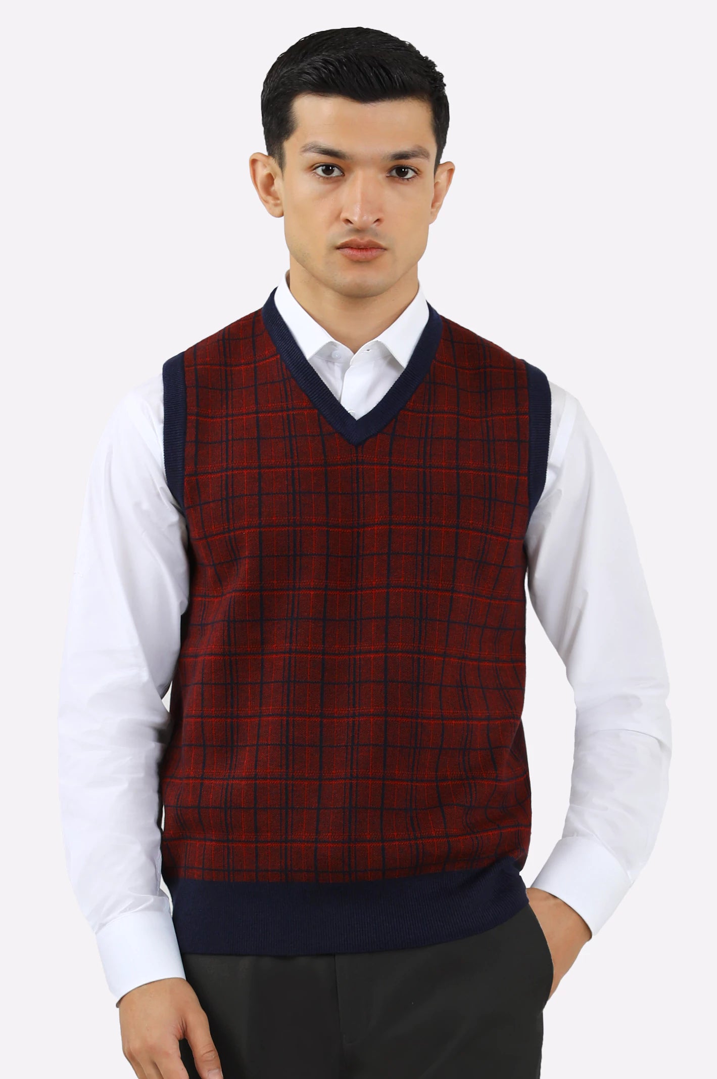 Men V-Neck Maroon Sleeveless Sweater