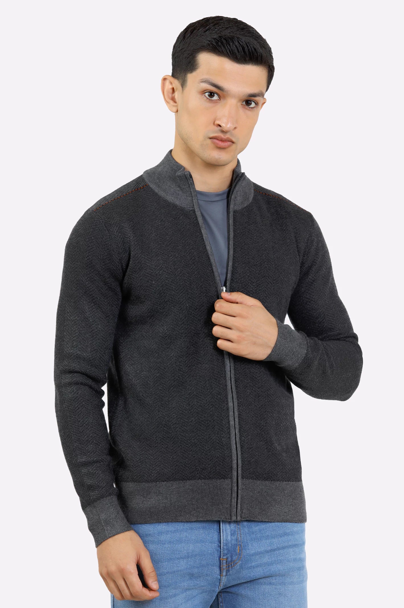 Men Light Grey Zipper Cardigan