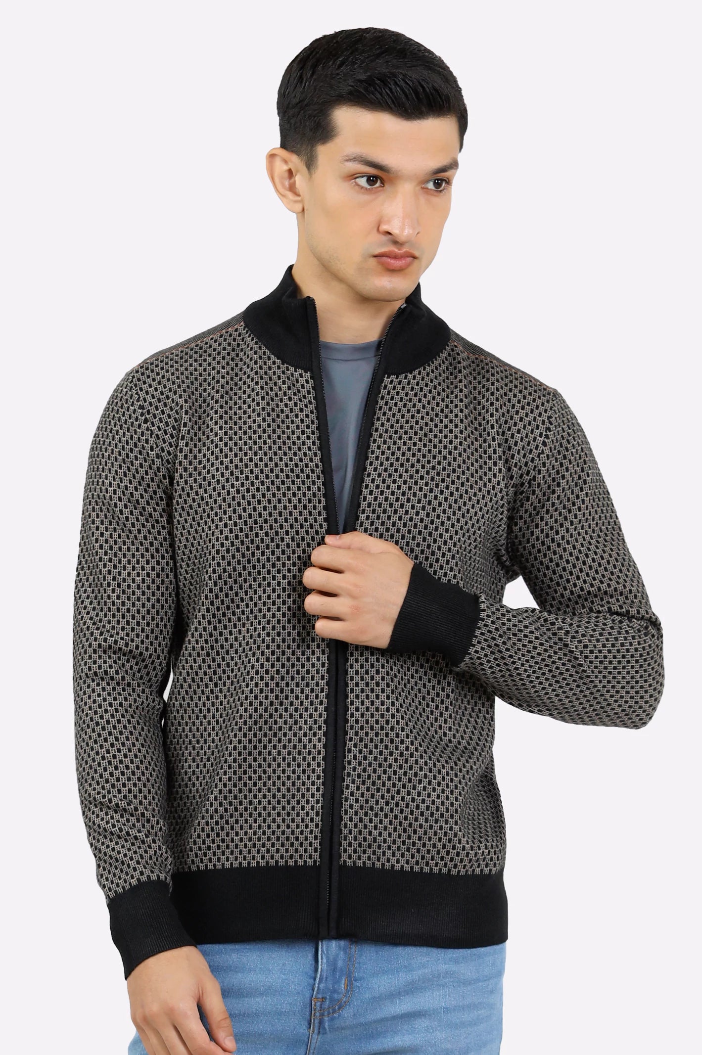 Men Black Zipper Cardigan