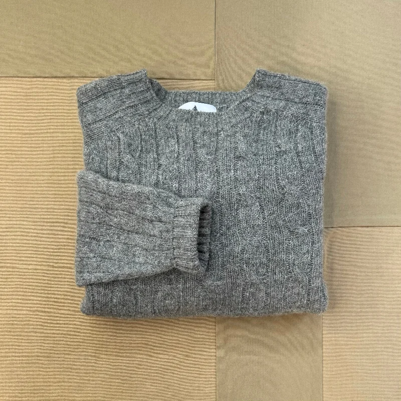 Shetland Wool Cable Crew Sweater, Medium Grey